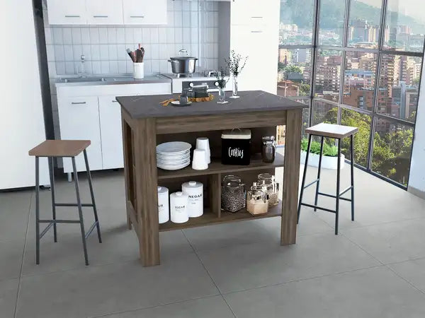 Dark Brown Kitchen Island with 3 Shelves - 35" High, 4 Legs - Onix