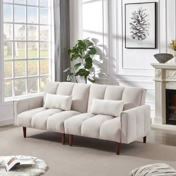 Ivory Linen Futon Sofa Bed with Wooden Legs - Convertible Couch Sleeper