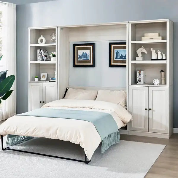 Full Size Murphy Bed with Storage - Self-Closing, Rustic White, Space-Saving for Guest Room, Home Office - Minihomy