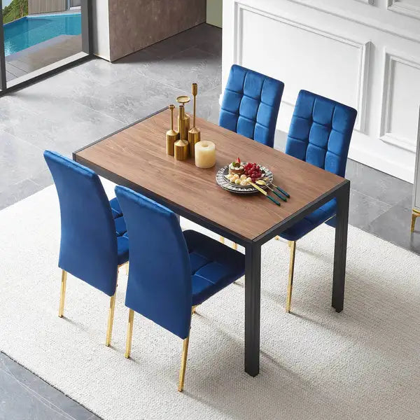 5-Piece Nordic Dining Set with Blue Velvet Chairs & Gold Legs - MDF Table - Minihomy