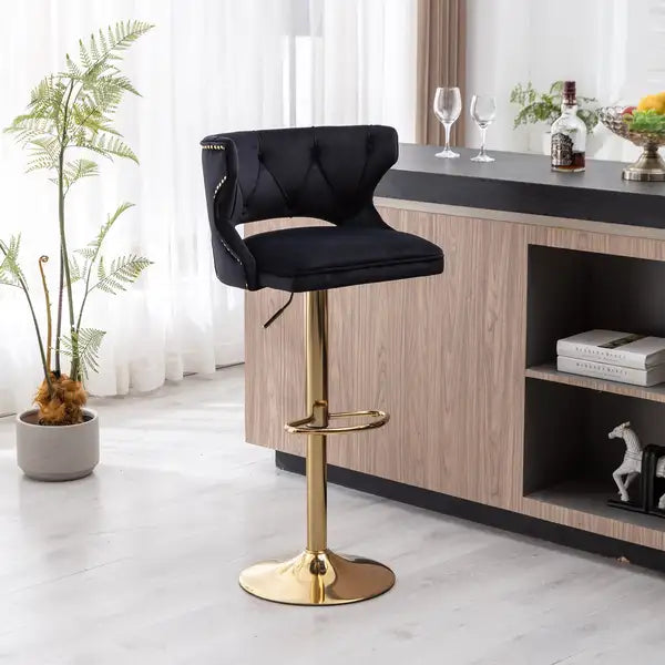 Black Velvet Bar Stools with Back & Footrest - Counter Height - Set of 2 - Minihomy