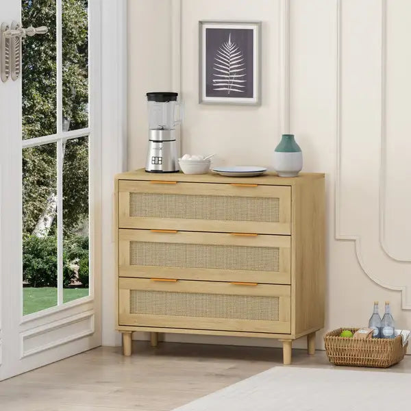 Rattan Storage Cabinet with 3 Drawers - 31.5" Oak Bedroom Furniture