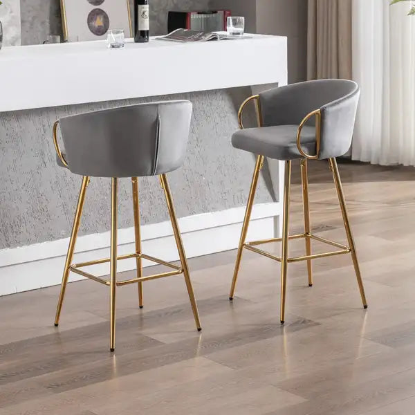 2-Pack 30 Inch Bar Stools, Velvet Seat, Chrome Base & Golden Legs - Gray - Minihomy