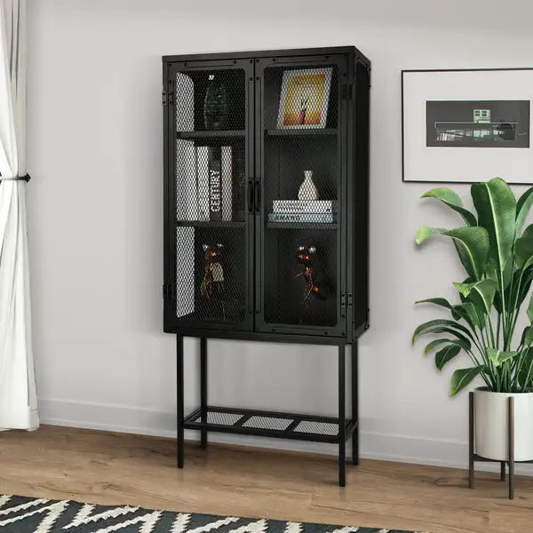 Black Industrial Metal Cabinet with Adjustable Shelves & Anti-Tip Feet