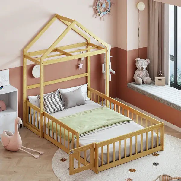 Kids Wooden Floor Bed with Fence Railings, Dress Up Rack & Detachable House Headboard - Full Size, Natural