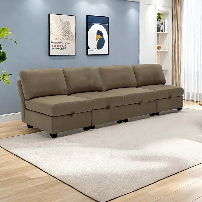 Brown Modular Sofa with Storage: 4-Seater Fabric Sectional