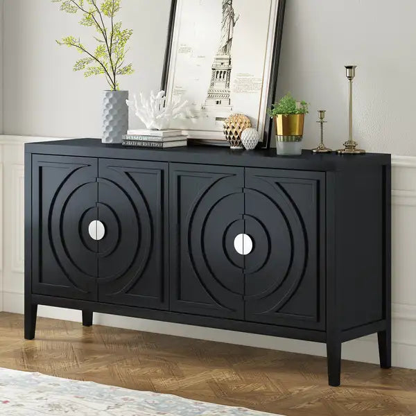 Retro Sideboard Door with Circular Groove Design & Round Metal Door Handle (Black) - Entrance, Dining, Living Room