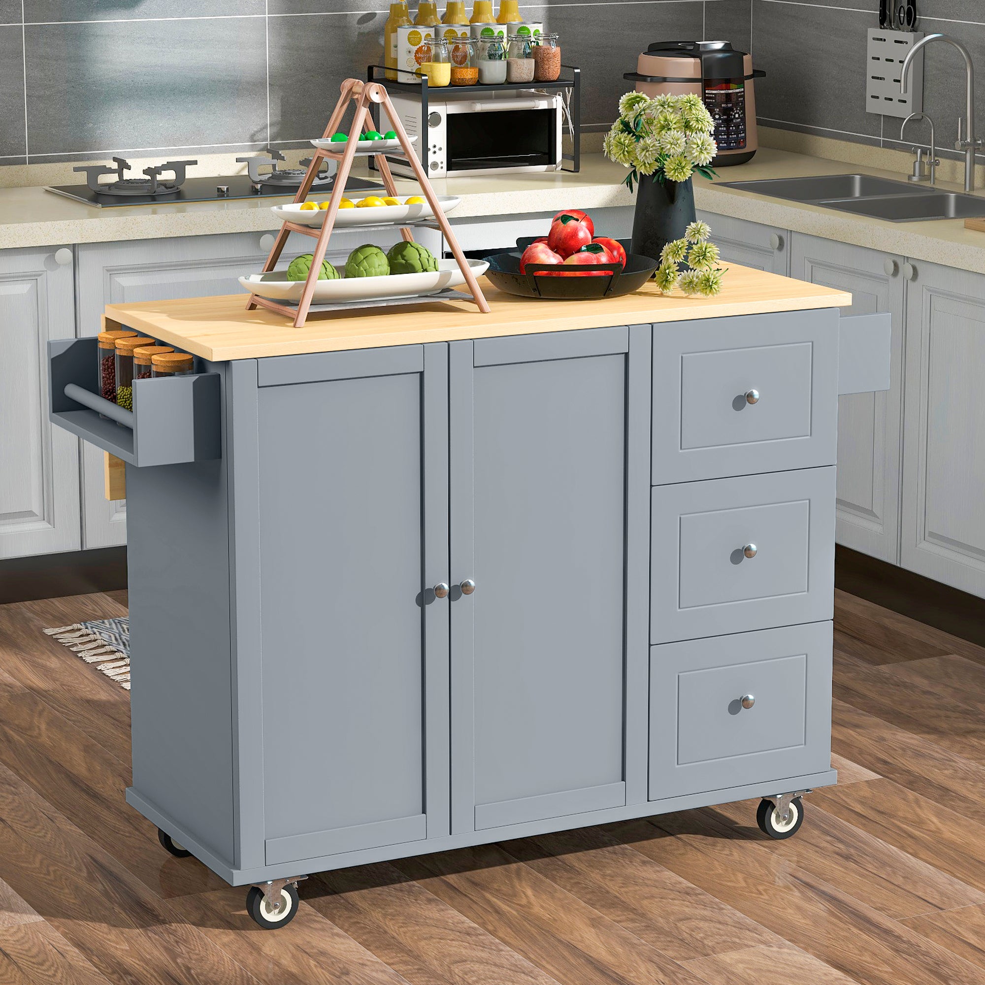 Mobile Kitchen Island with Solid Wood Top, Storage, Drop Leaf Bar, Spice Rack, Towel Rack, Drawer - Grey Blue