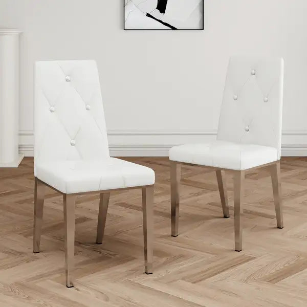 Modern Dining Chairs Set of 2, White PU Leather, Electroplated Legs, Home Bedroom Stool - Minihomy