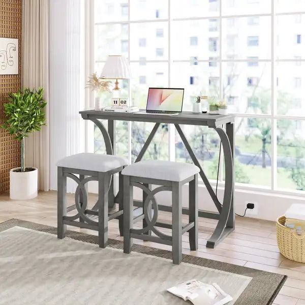 Farmhouse Counter Height Dining Set, 3-Piece with USB Port & Upholstered Stools, Gray - Minihomy