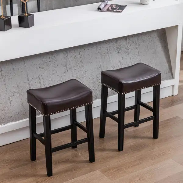 A&A Furniture Farmhouse Counter Height Bar Stools (Set of 2), 26 Inch Brown Faux Leather Backless - Minihomy