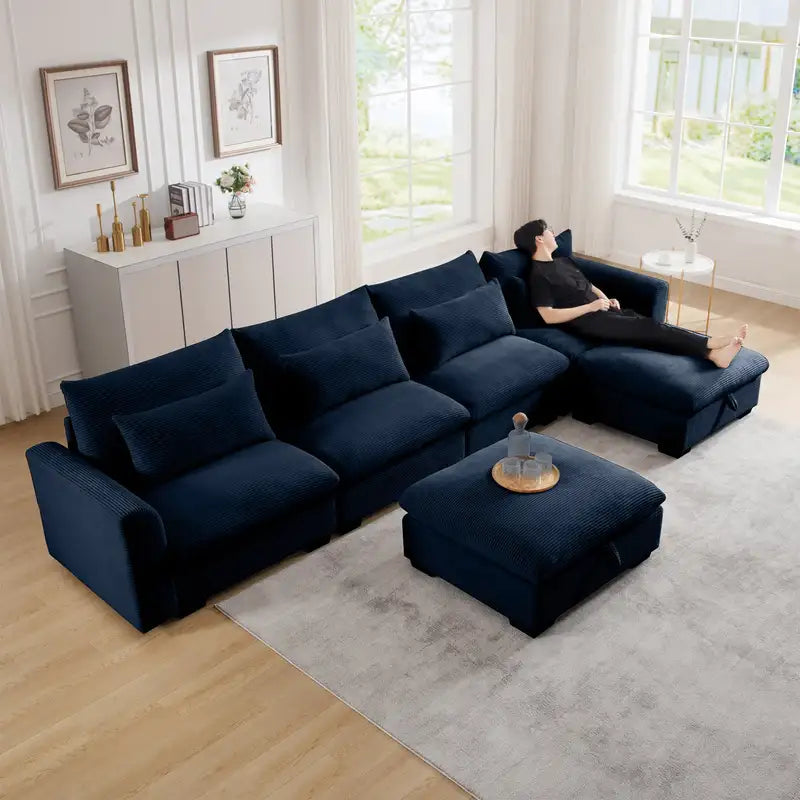 Blue Corduroy Sectional Sofa w/Storage & Pillows - 4 Seater