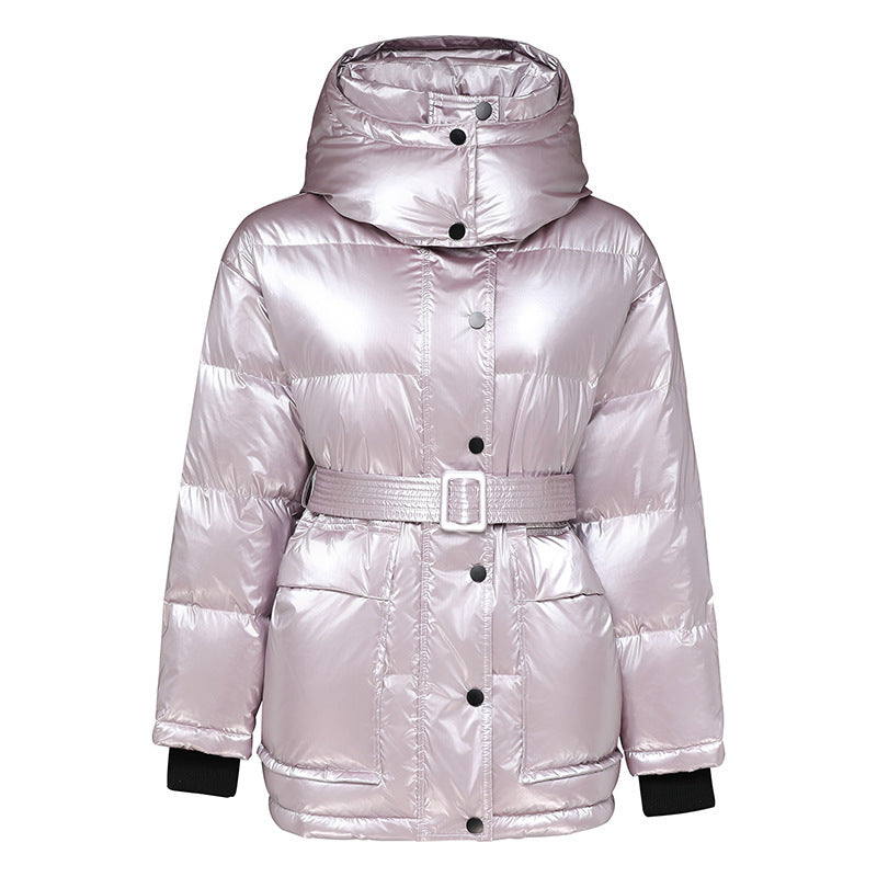 Winter Jacket Thick Mid-length Waist White Duck Down Jackets Slim Belt Silver Shiny Parka