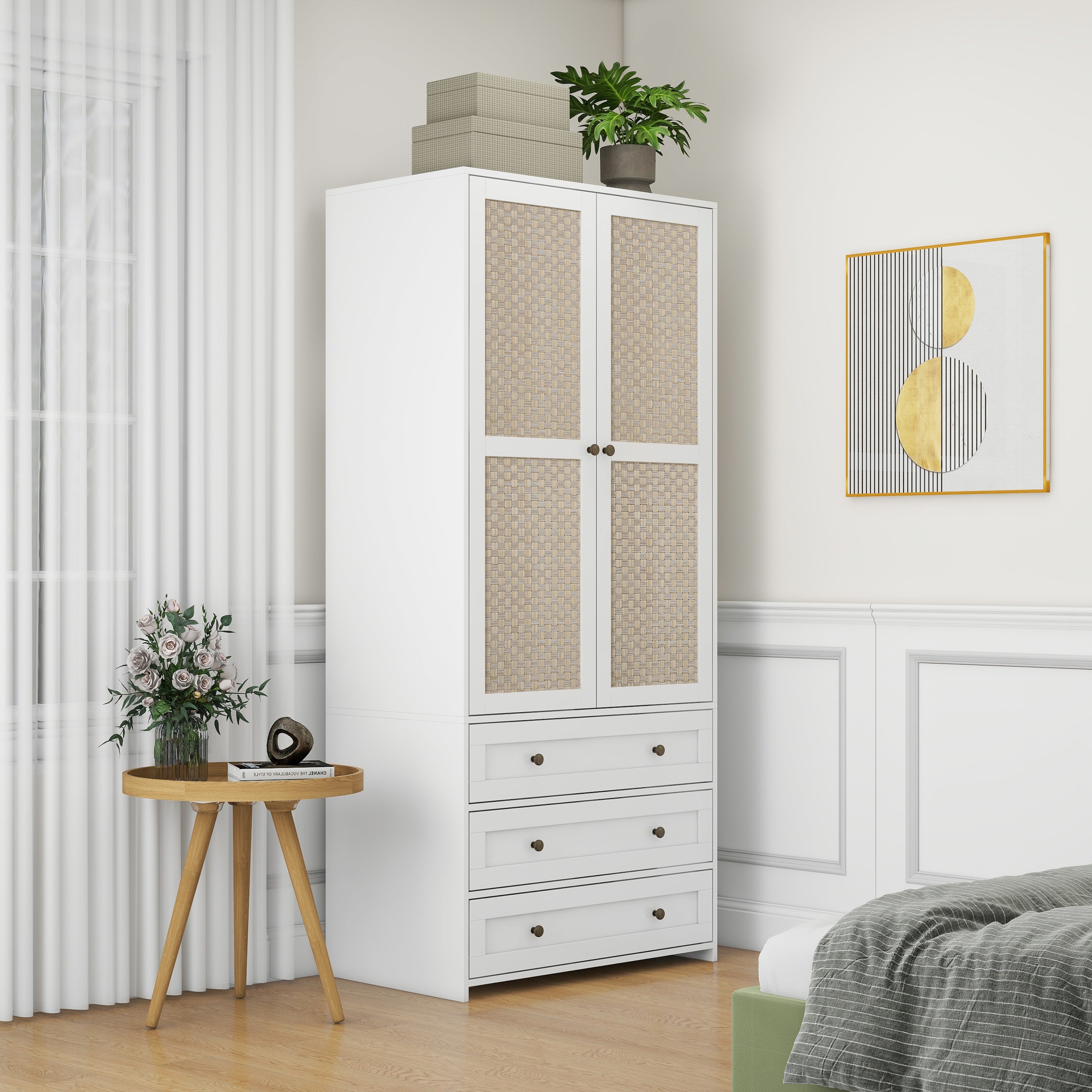 2-Door Rattan Wardrobe with 3 Drawers | Bedroom & Living Room Armoire Organizer