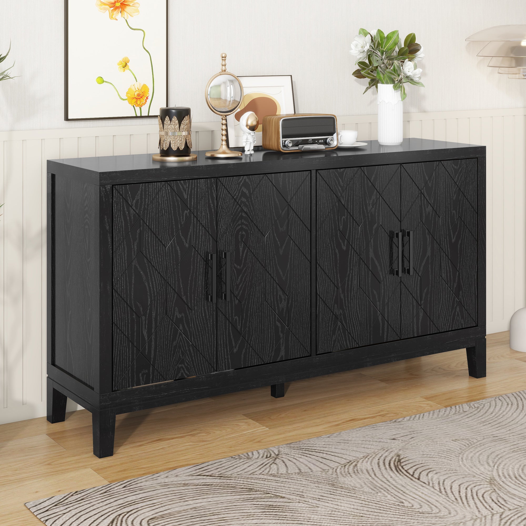 TREXM 4-Door Retro Sideboard with Adjustable Shelves - Black - Living & Dining Room Storage