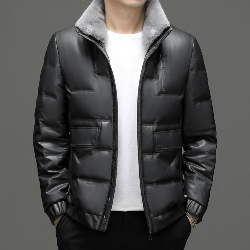 Men's Leather Down Short Jacket Fleece Padded Coat