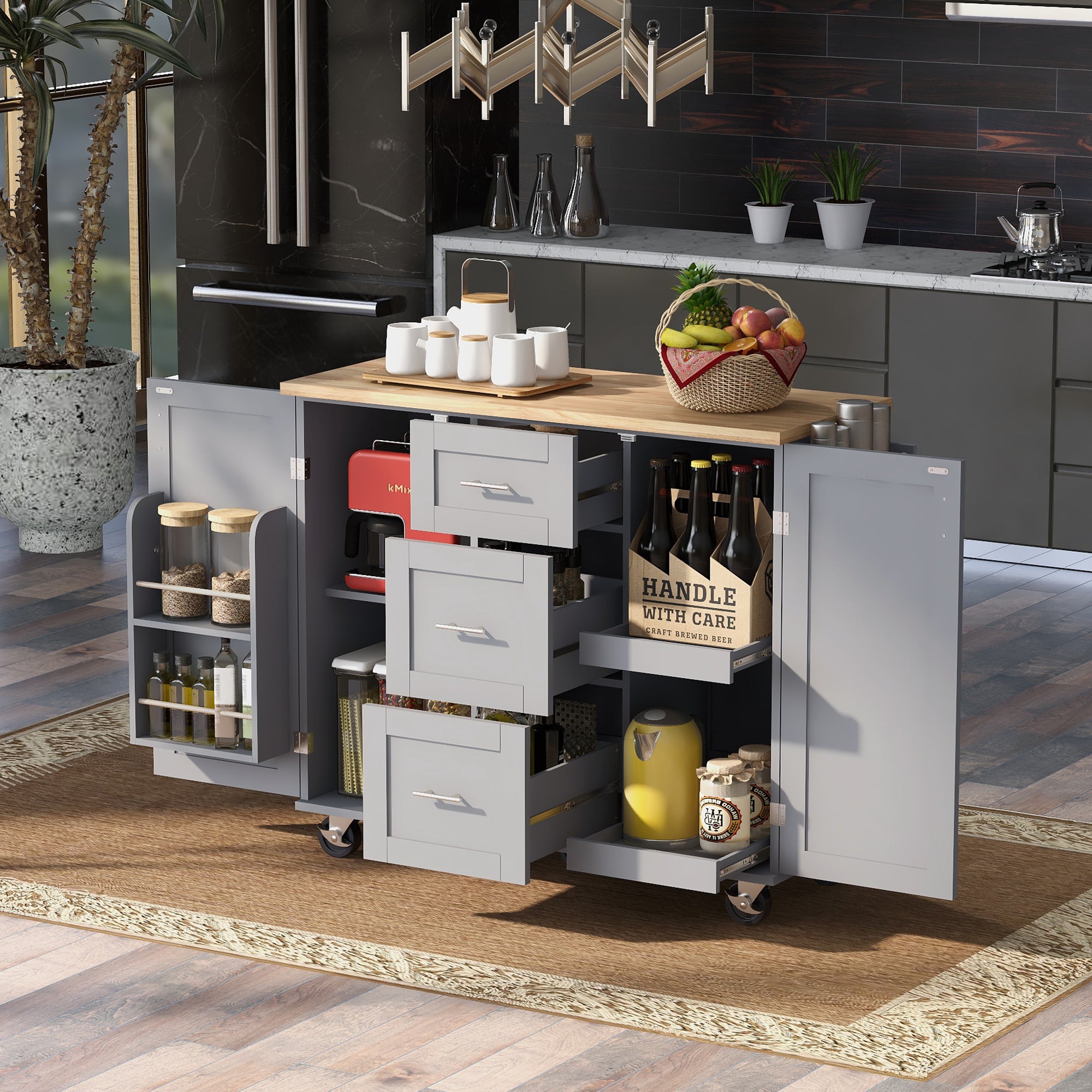 Rolling Kitchen Island with Storage, Grey Blue - Kitchen Cart with Wood Top, 3 Drawers, Shelves & Spice Rack