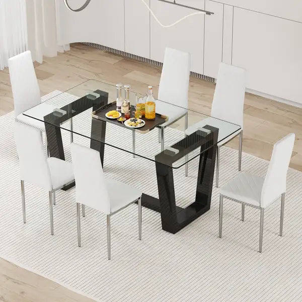 Rectangular Dining Table and 6 Chair Set - Tempered Glass Top, Black MDF Stand, PU Chairs