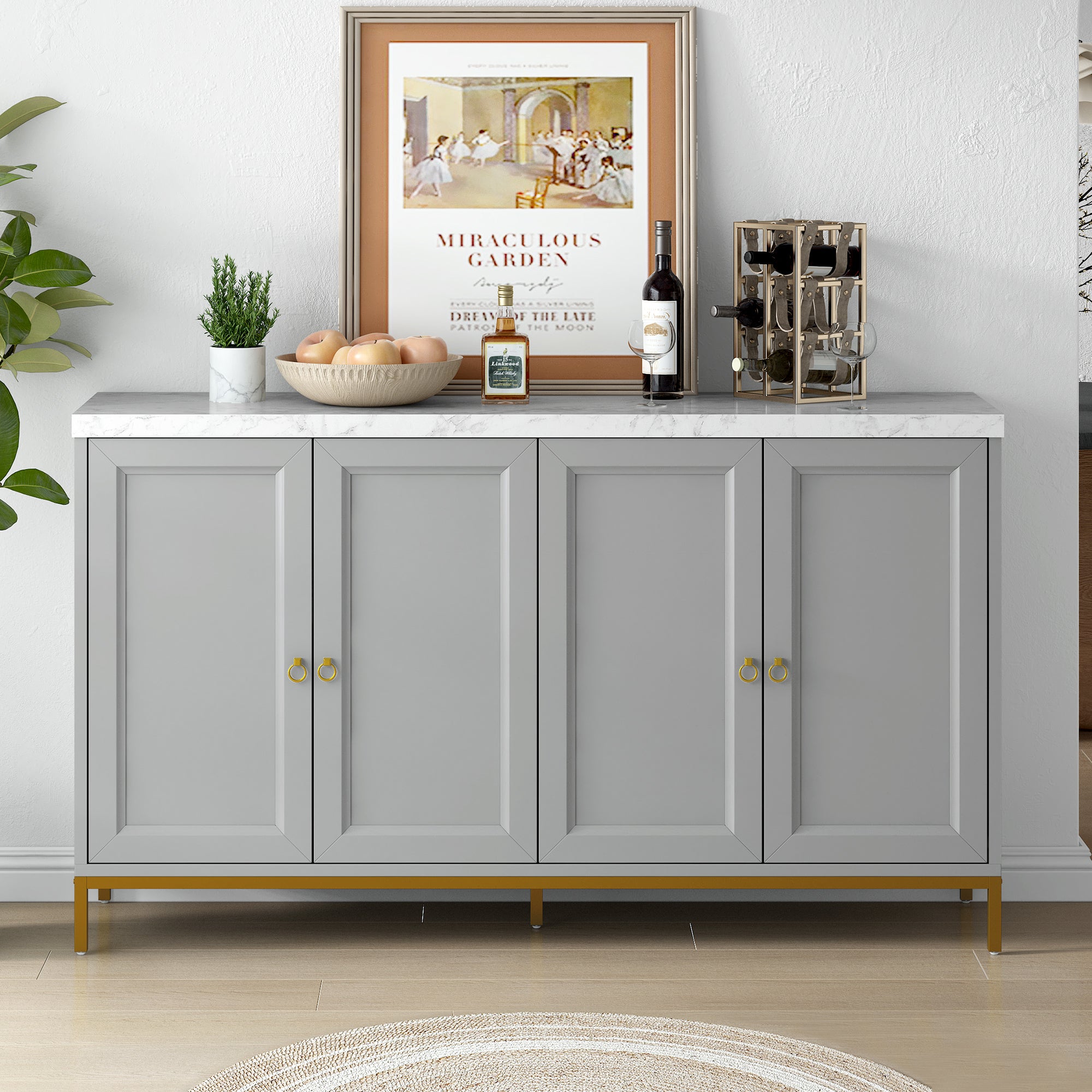 Modern Sideboard with Large Storage, Metal Handles - Light Grey for Living & Dining Room