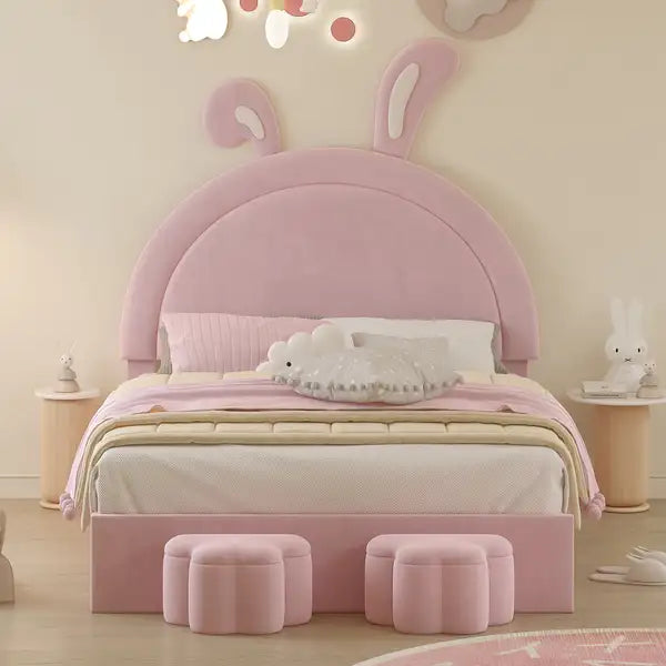 Full Size Upholstered Rabbit Bed with Storage Stools, Pink Velvet Platform Bed with Ears Headboard - Minihomy