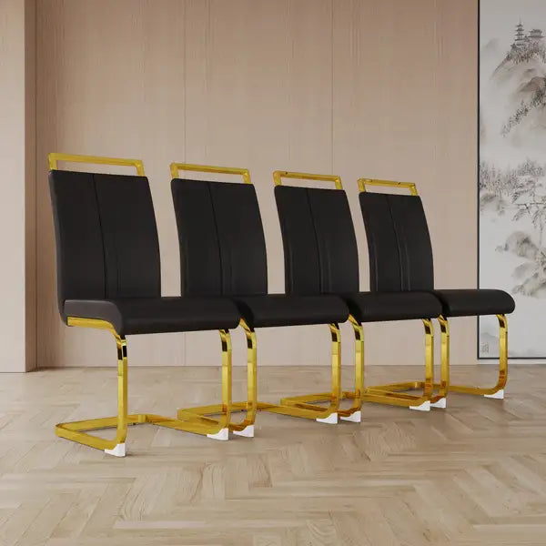 Modern Dining Chairs Set of 4 | Faux Leather High Back with Gold Metal Legs - Black