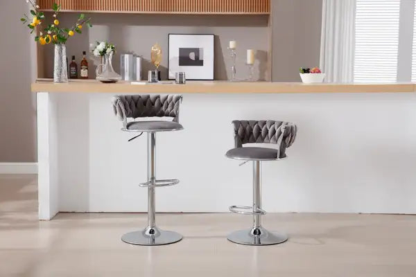 Set of 2 Grey Velvet Swivel Bar Stools with Chrome Footrest and Height Adjustment