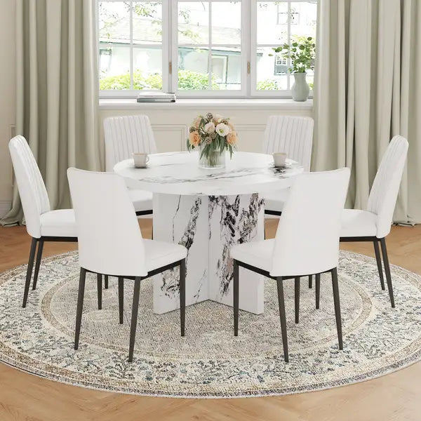 7 Piece Round Dining Table Set | 42" Modern Table & 6 Upholstered Chairs for Kitchen, Dining, Living Room - Minihomy