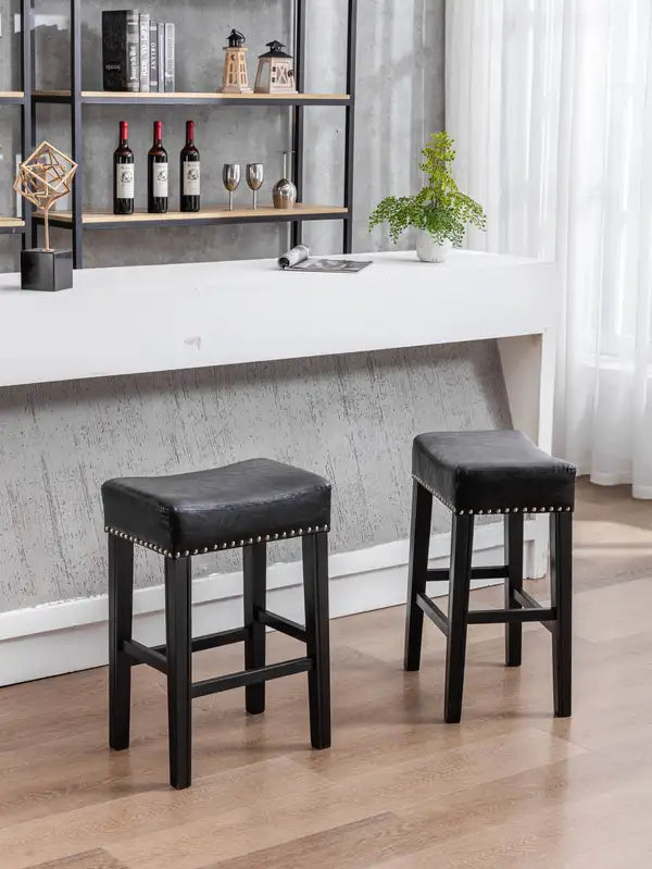 Black Farmhouse Counter Height Bar Stools (Set of 2) - 26" Backless Faux Leather Kitchen Island Chairs - Minihomy