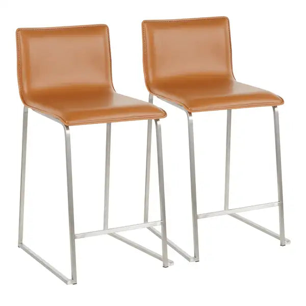 LumiSource Mara Counter Stools - Set of 2, Brushed Stainless Steel & Camel Faux Leather