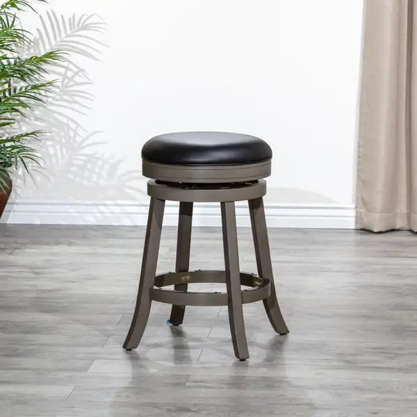 24" Weathered Gray Counter Stool with Black Leather Seat - Minihomy