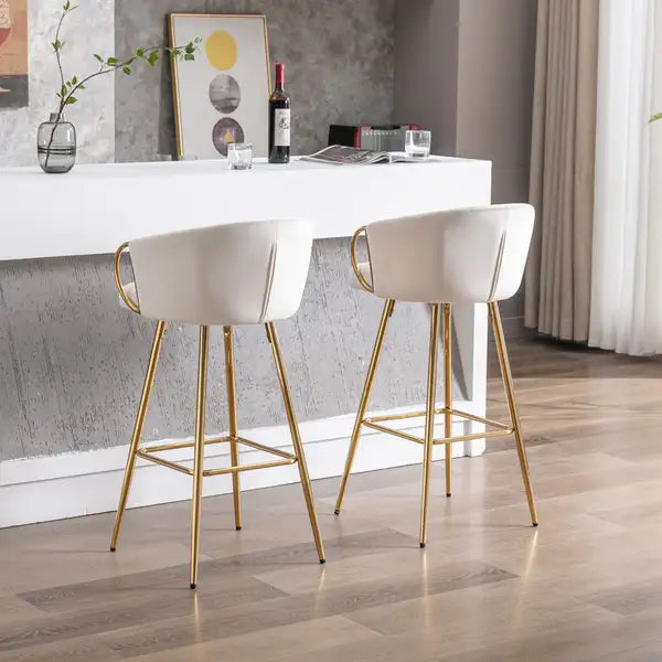 26 Inch Velvet Bar Stools Set of 2, Chrome Base & Footrest, Golden Legs, Cream - Minihomy