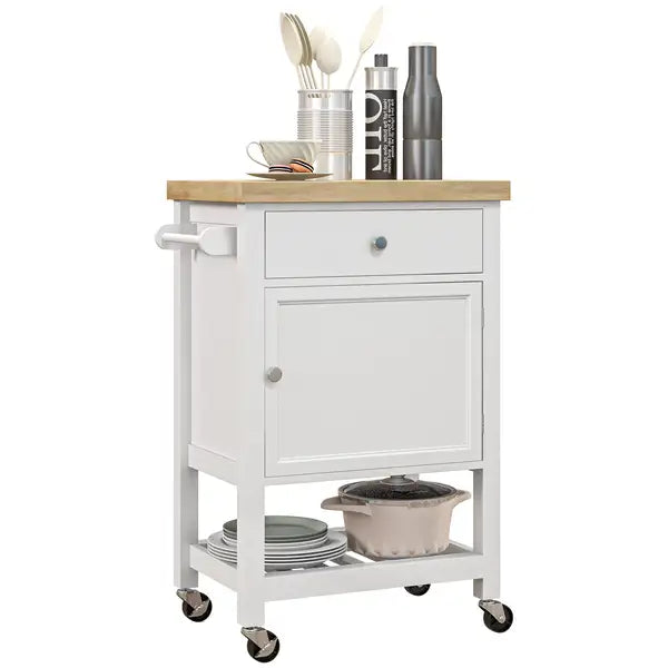 White Rolling Kitchen Cart with Butcher Block Top & Storage - HOMCOM