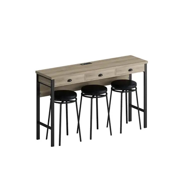 Modern 3-Drawer Dining Table Set with Power Outlets, Brown & Gray, Black PU Stools, Easy Assembly - Minihomy