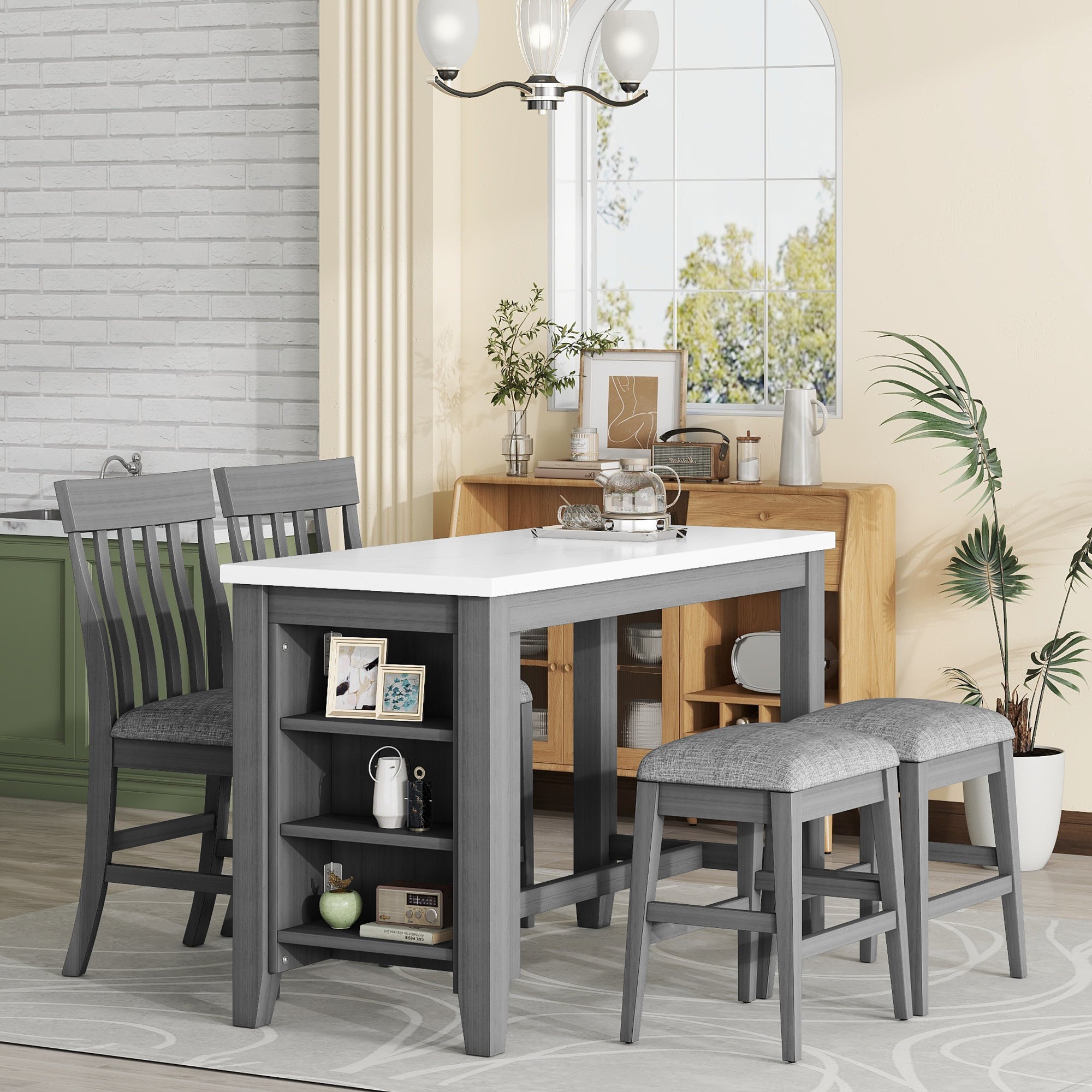 Counter Height Dining Table Set with Storage Shelves, Grey (5 Piece)