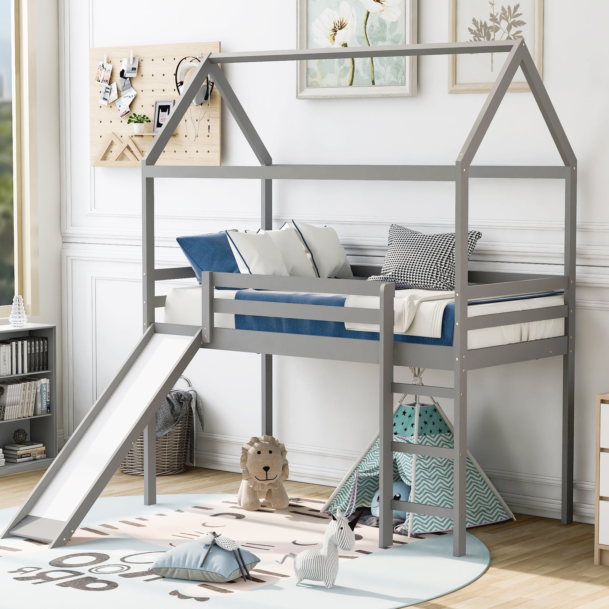 Twin Loft Bed with Slide, Kids House Bed with Slide, Gray