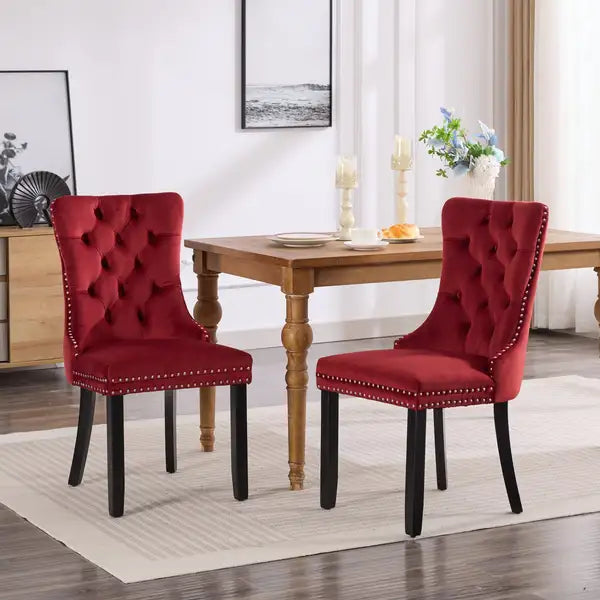 Velvet Dining Chairs Set of 2 - Burgundy Wine Red Tufted Upholstered with Nailhead Trim & Wood Legs - SW2001WR