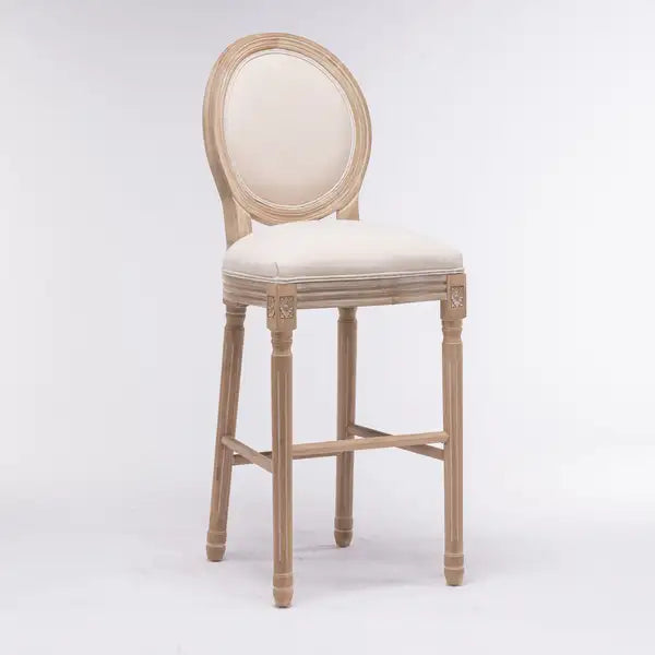 French Country Wooden Bar Stools Set of 2 - Beige Upholstered, Natural Finish - Minihomy