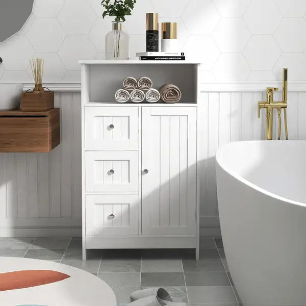 White Bathroom Storage Cabinet: 3 Drawers & 1 Door