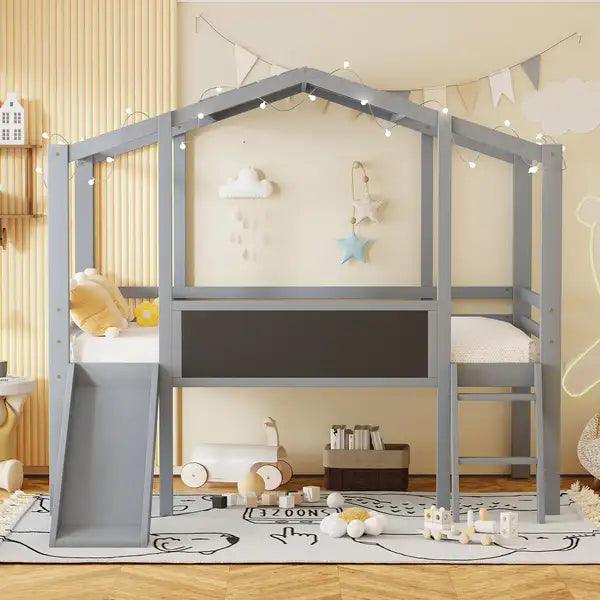 Twin Loft Bed with Slide, Blackboard & Lights, Gray - Kids House Bed