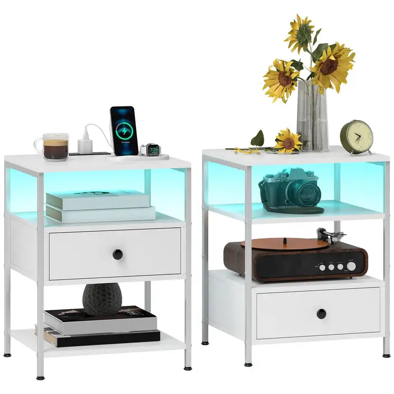 HOMCOM White 2-Piece End Tables with USB Charging & LED Lights