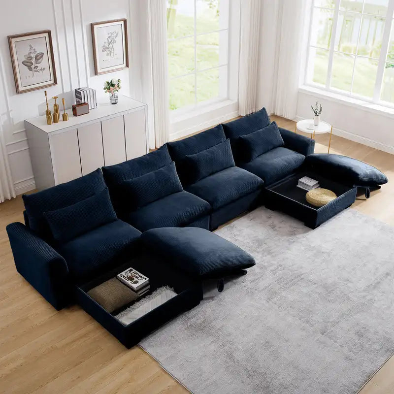 Blue Corduroy Sectional Sofa w/Storage & Pillows - 4 Seater