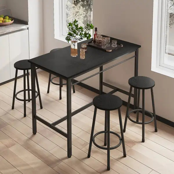 Black 5-Piece Rural Kitchen Table Set with Bar Stools - Metal Frame & MDF - Minihomy