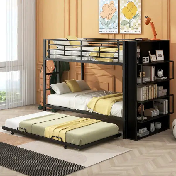 Black Metal Twin Bunk Bed with Large Bookshelf