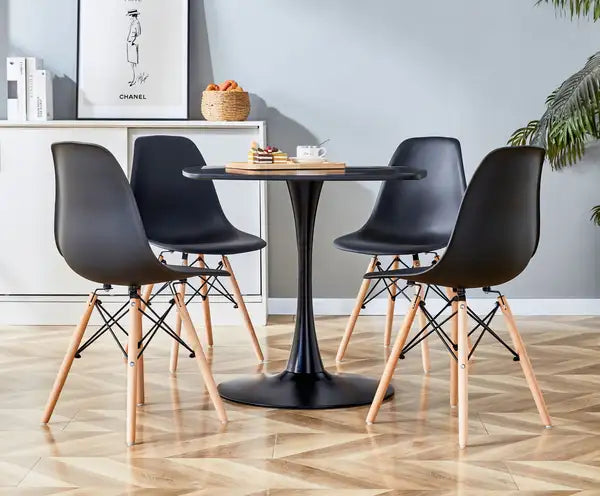 Mid-Century Dining Table Set for 4-6 | Black Table with Metal Legs & MDF Top