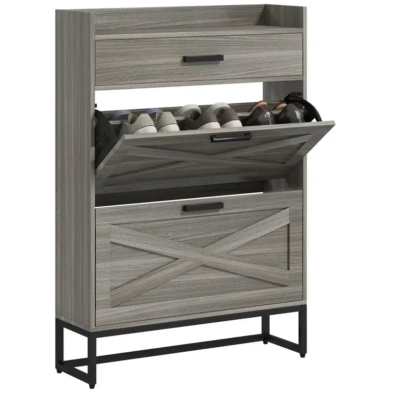 HOMCOM 12-Pair Shoe Cabinet with 2 Drawers & Adjustable Shelves - Distressed Gray