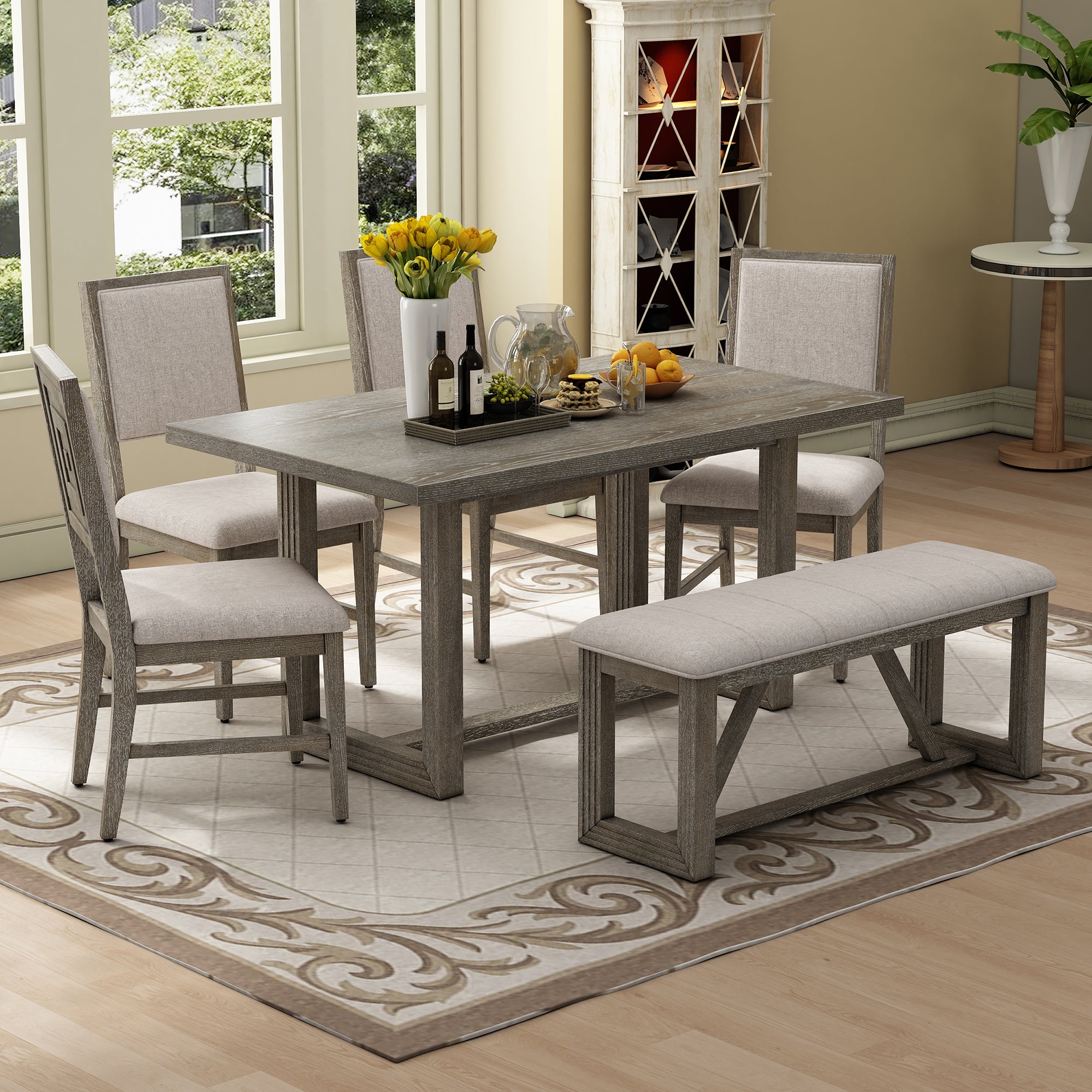 TREXM 6-Piece Retro Dining Set with Upholstered Chairs and Bench (Gray)