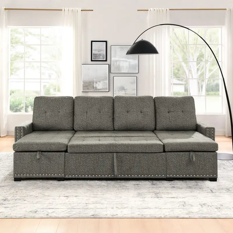 Oversize 109" Pull-Out Sectional Sofa Bed w/Storage Chaise - Grey Linen