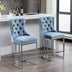 Modern Velvet Bar Stools Set of 2, Light Blue - Counter Height, Button Back & Rivet Trim, Chromed Metal Base - Minihomy