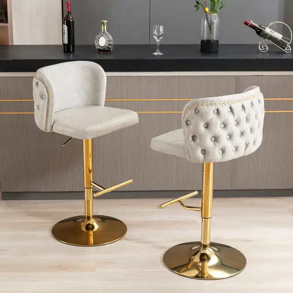 Beige Swivel Barstools, Adjustable Height, Tufted Back, Modern PU Upholstery, Set of 2 for Kitchen Island & Pub - Minihomy