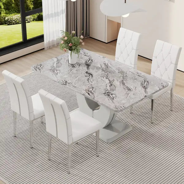 Modern Marble Dining Table & Chair Set - Rectangular, Restaurant & Living Room, Soft Cushions, F-1280 - Minihomy